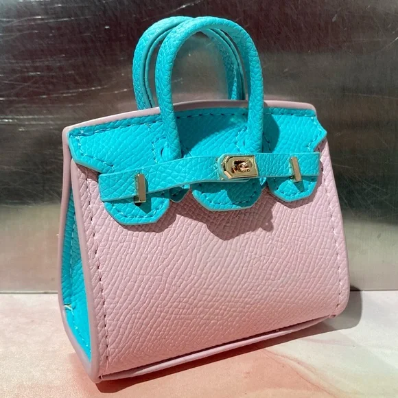 👜 Handmade Mini Blue Pink Faux Leather Birkin AirPods Tote Bag Charm Miniature - Picture 2 of 10